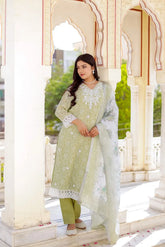 Women Pista Green Linen Printed Kurta, Pant & Dupatta set